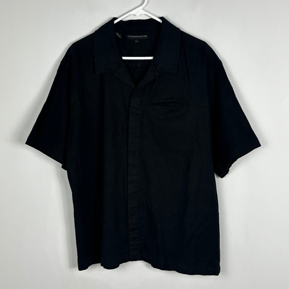 Vintage Stonehouse 100% Linen Mens Black Short Sleeve Button Down Shirt Size XL